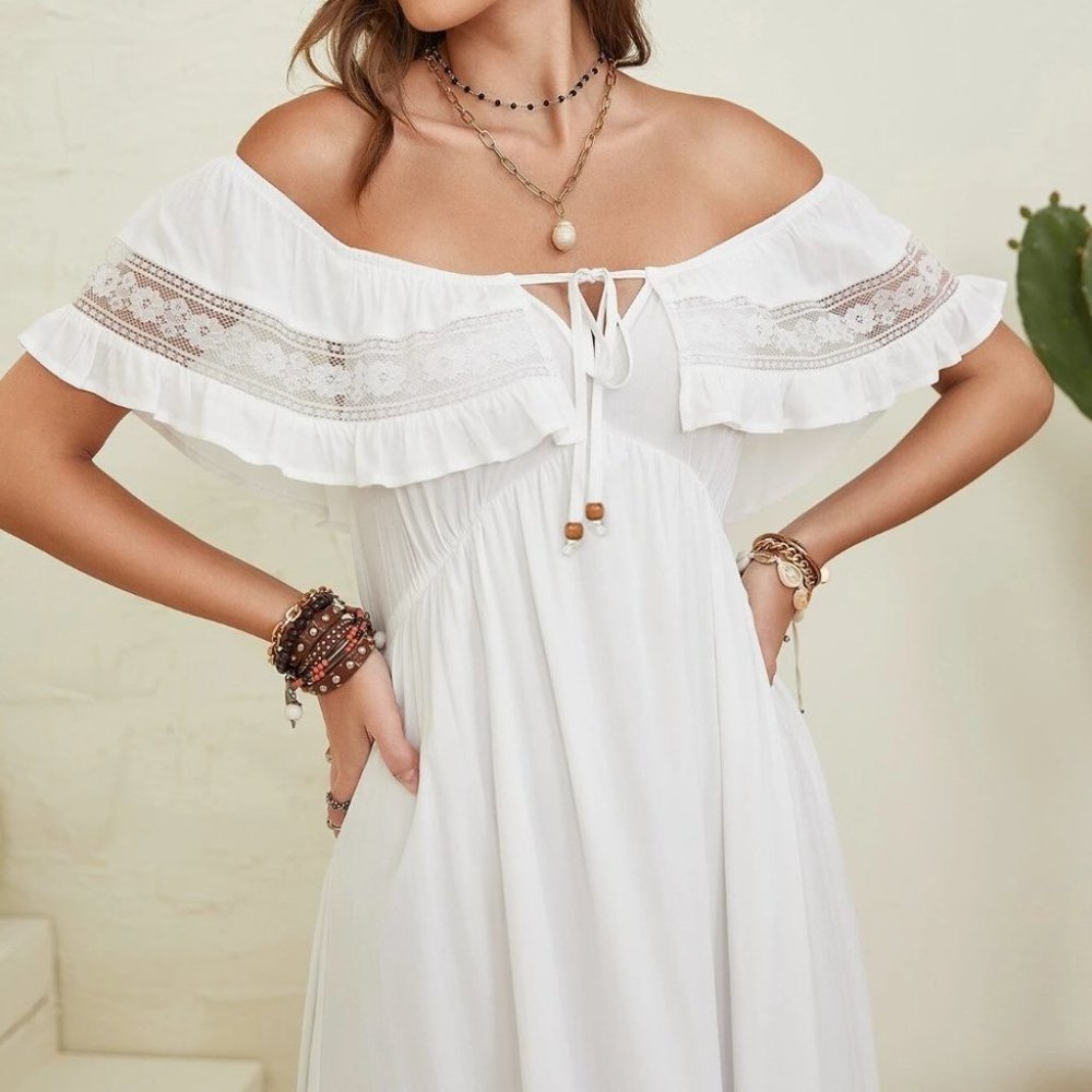 WHITE Tie Front Ruffle Trim Off Shoulder Dress - Picture 6 of 7